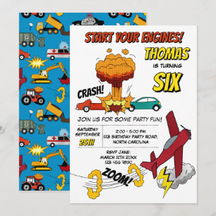 Invitación Camiones Coches Vehículos Aviones Cumpleaños de Li