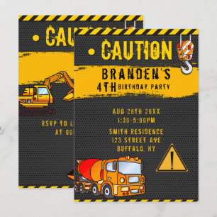 Invitación Camiones de aviso de construcción Fiesta de cumple
