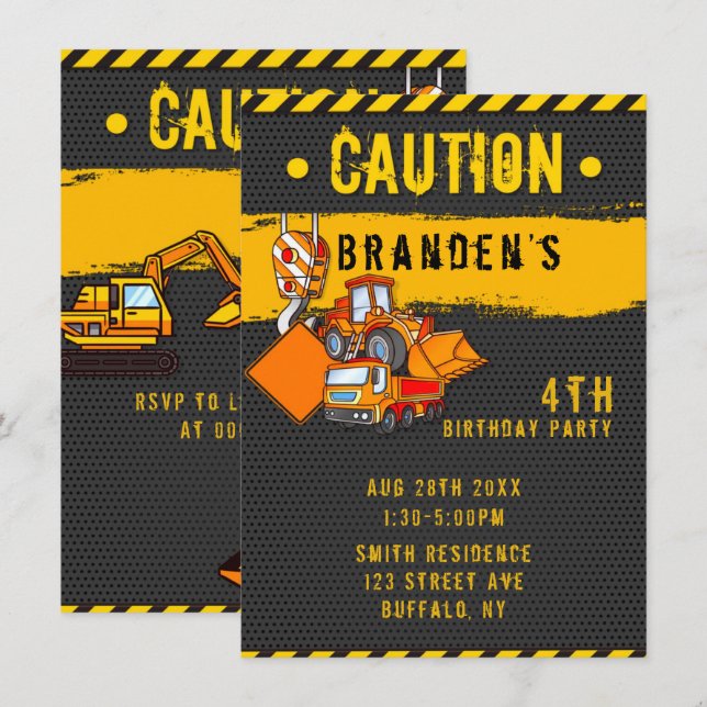 Invitación Camiones de aviso de construcción Fiesta de cumple (Anverso / Reverso)