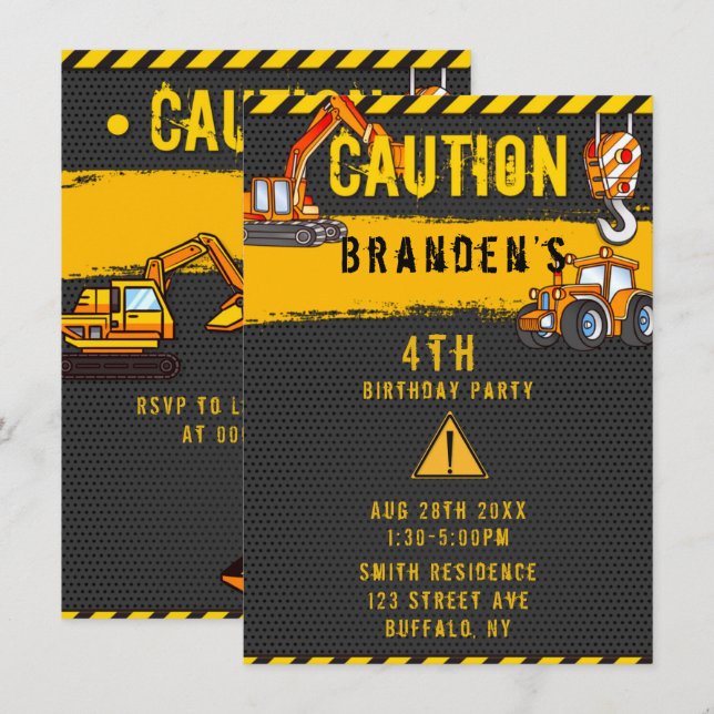 Invitación Camiones de aviso de construcción Fiesta de cumple (Anverso / Reverso)