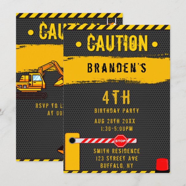 Invitación Camiones de aviso de construcción Fiesta de cumple (Anverso / Reverso)