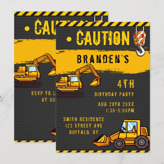 Invitación Camiones de aviso de construcción Fiesta de cumple (Anverso / Reverso)