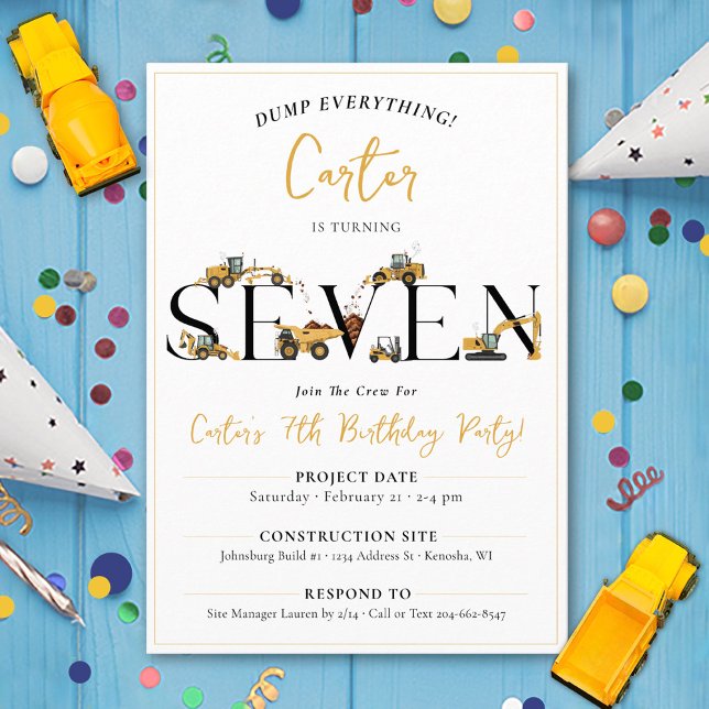Invitación Camiones de basurero de construcción 7º cumpleaños (Cute construction trucks theme funny SEVEN boys 7th birthday party invitation dump everything digger)