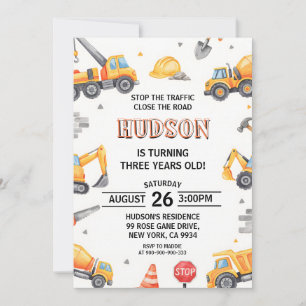 Invitación Camiones de Construcción Acuarela Cumpleaños 3 año