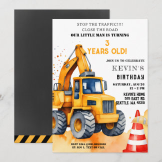 Invitación Camiones de construcción amarillos fiesta de cumpl