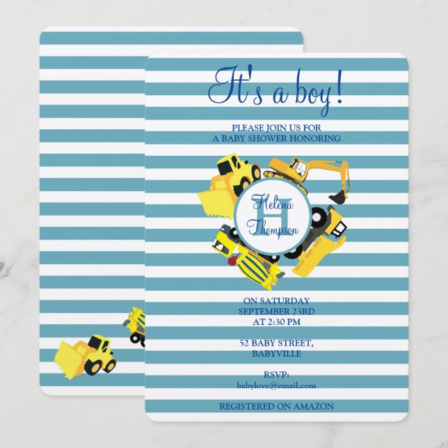 Invitación Camiones de construcción Baby Boy Baby Shower (Anverso / Reverso)