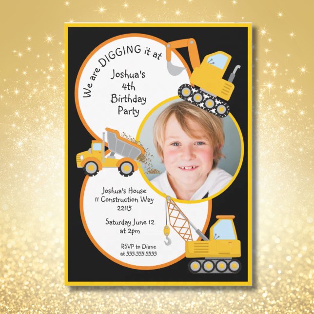 Invitación Camiones de construcción cavando y agregando foto  (Construction Trucks Digging It Add Photo Birthday Invitation)