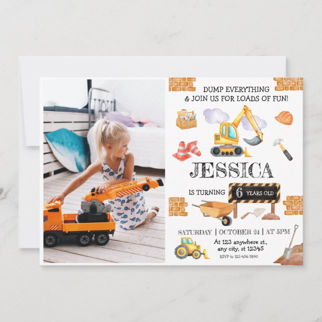 Invitación Camiones de construcción Cumpleaños tema (Anverso)