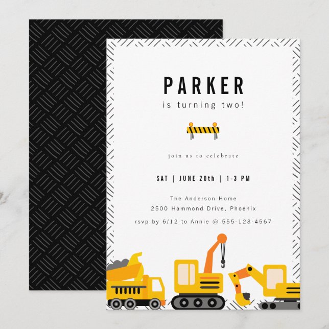 Invitación Camiones de construcción Cumpleaños tema (Anverso / Reverso)