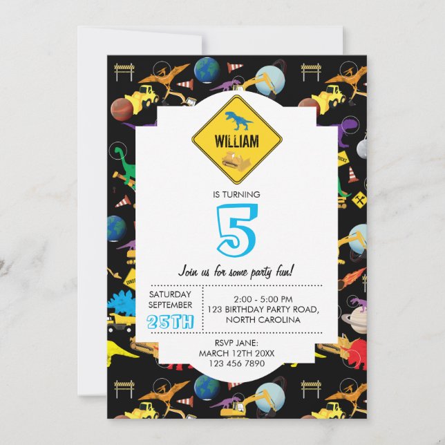 Invitación Camiones de construcción Dinosaurios Espacio Cumpl (Anverso)
