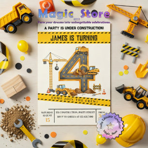 Invitación Camiones de Construcción en Acuarela Fiesta de Cum