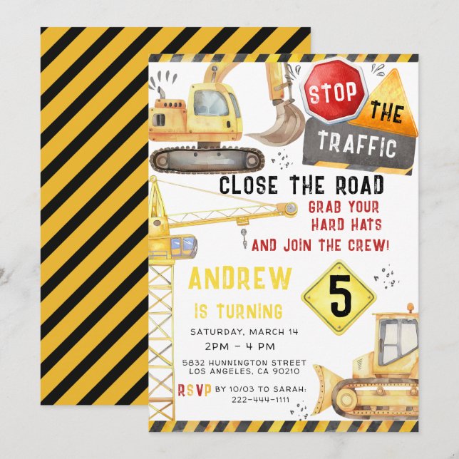 Invitación Camiones de construcción Excavator Bulldozer Cumpl (Anverso / Reverso)