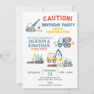 Invitación Camiones de Construcción, Fiesta de Cumpleaños de 