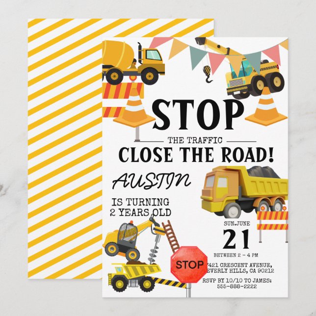 Invitación Camiones de Construcción |  Fiesta de Cumpleaños p (Anverso / Reverso)