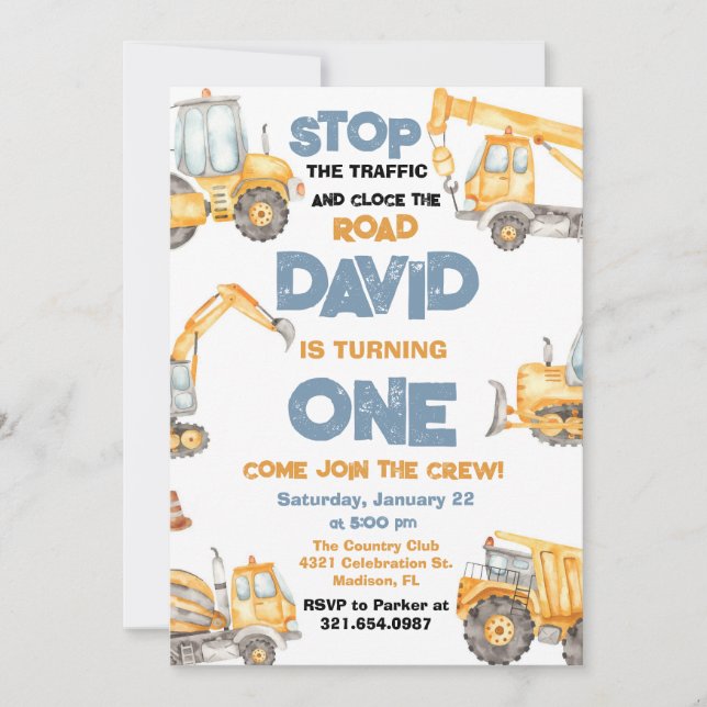 Invitación Camiones de construcción Fiesta de cumpleaños prim (Anverso)