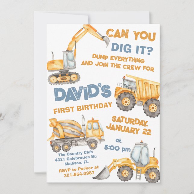 Invitación Camiones de construcción Fiesta de cumpleaños prim (Anverso)