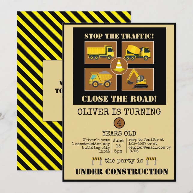 Invitación Camiones de construcción | Fiesta de cumpleaños te (Anverso / Reverso)