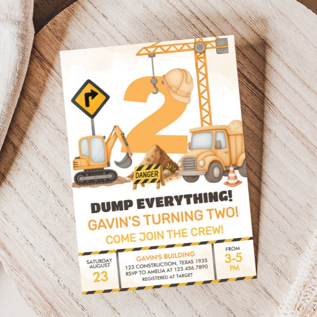 Invitación Camiones de construcción Fiesta del segundo cumple (Construction Trucks 2nd Birthday Party Invitation)