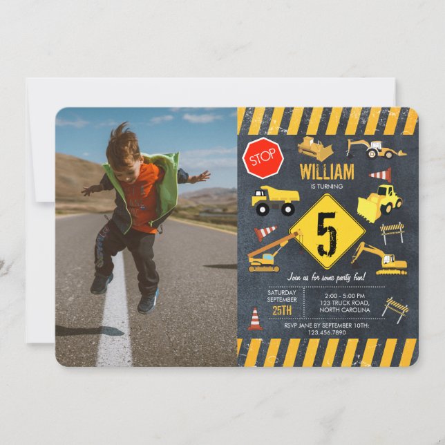 Invitación Camiones de construcción Maquinaria pesada Foto Cu (Anverso)