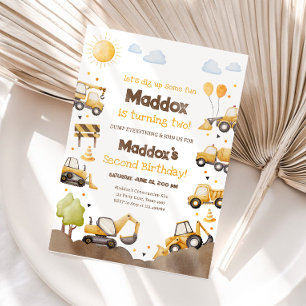 Invitación Camiones de Construcción Niño Cumpleaños 2 Segundo