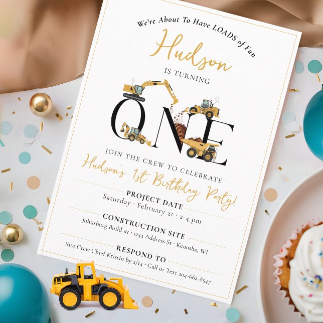 Invitación Camiones de construcción para niños primer Fiesta  (Cute ONE construction site vehicles simple 1st birthday party invitation for boys, dump truck digger)