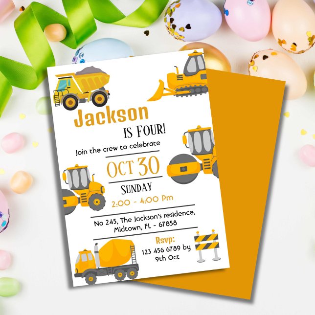 Invitación Camiones de construcción simples niños lindos de 4 (Subido por el creador)