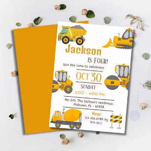 Invitación Camiones de construcción simples niños lindos de 4