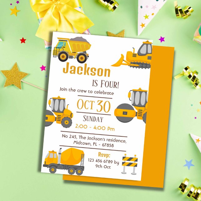 Invitación Camiones de construcción simples niños lindos de 4 (Subido por el creador)