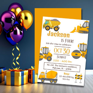 Invitación Camiones de construcción simples niños lindos de 4