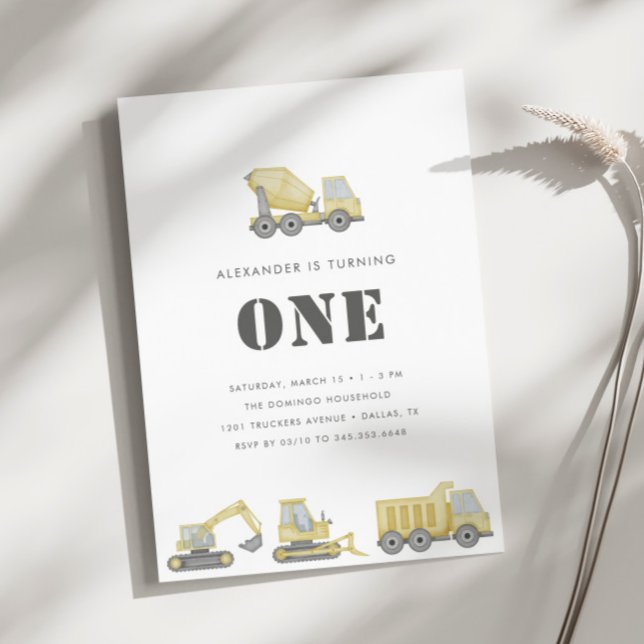 Invitación Camiones de construcción Vehículos niños Primer cu (Subido por el creador)