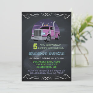 Invitación Camiones de neón morado Fiesta de cumpleaños 5