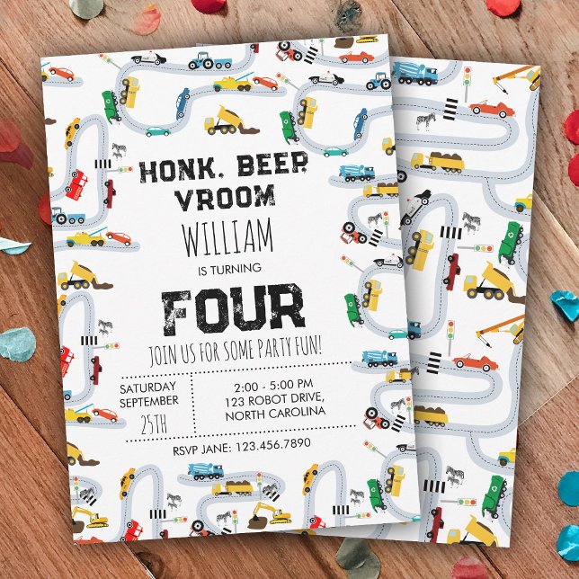 Invitación Camiones de transporte Honk Beep Vroom Cumpleaños (Transportation Trucks Honk Beep Vroom Birthday Invitation)