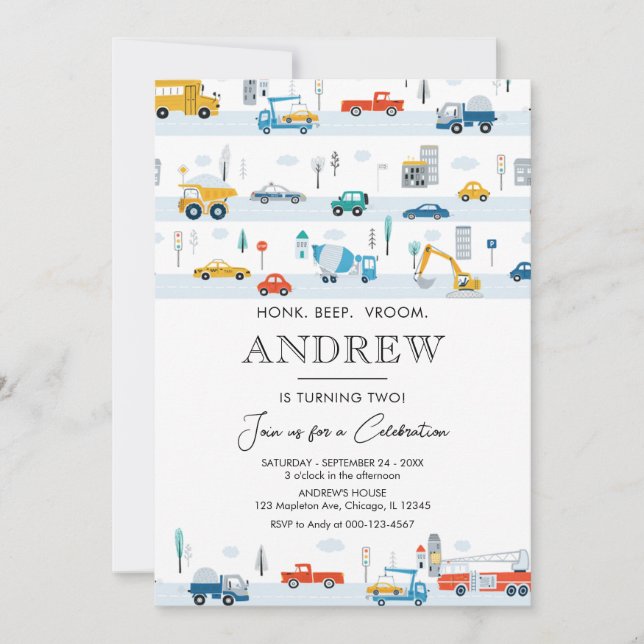 Invitación Camiones de transporte y coches cumpleaños (Anverso)