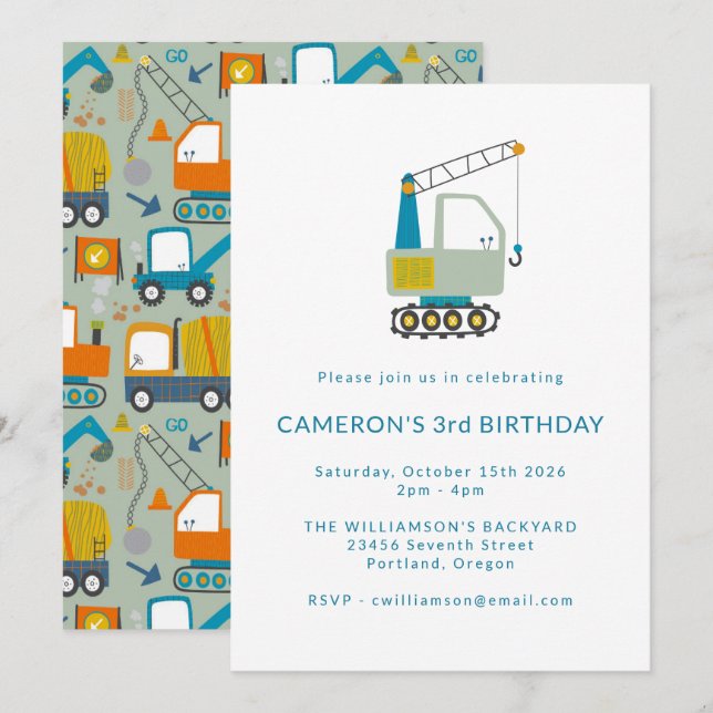 Invitación Camiones excavadores de construcción Fiesta azul d (Anverso / Reverso)