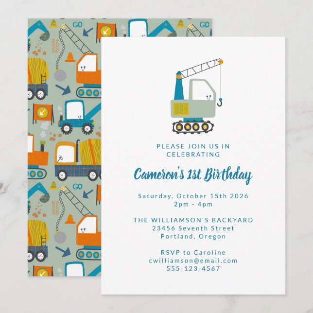 Invitación Camiones excavadores de construcción Fiesta de pri (Anverso / Reverso)