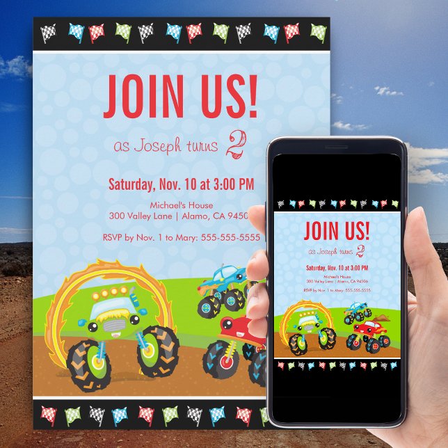 Invitación Camiones monstruo y banderas de carrera Fiesta de  (Subido por el creador)