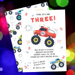 Invitación Camiones Monstruos para niños jóvenes salvajes de<br><div class="desc">La invitación a los jóvenes salvajes y a los tres niños de tercer cumpleaños Monster Car Trucks incluye adorables y coloridos camiones de autos monstruosos con el texto "¡Joven, salvaje y tres!" en un moderno guión de tipografía roja acentuado con el número 3 y los garabatos. Perfecto para las celebraciones...</div>