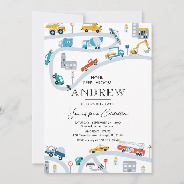 Invitación Camiones y autos de transporte modernos Cumpleaños (Anverso)