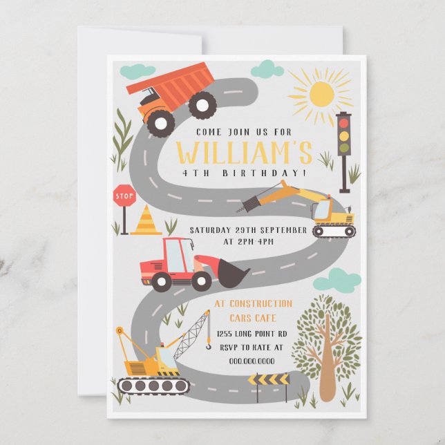 Invitación Camiones y excavadores del partido de cumpleaños d (Anverso)