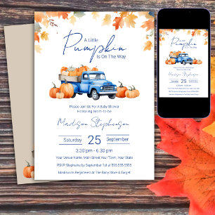 Invitación Camioneta Azul y Pequeña Calabaza en Camino Baby S