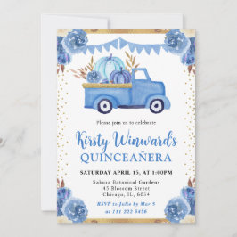 Invitación Camioneta de Calabaza Floral Azul Dorado Quinceañe