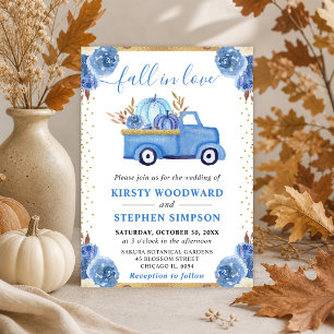 Invitación Camioneta de Calabaza Floral Azul y Dorada Boda de