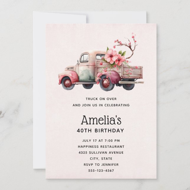 Invitación Camioneta de granjero vintage cumpleaños rosa (Anverso)