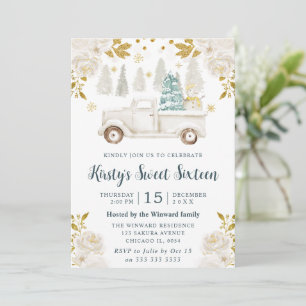Invitación Camioneta Floral Blanco Invierno y Dorado Cumpleañ