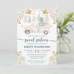 Invitación Camioneta Floral Blanco Invierno y Dorado Dulces 1