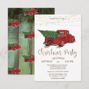 Invitación Camioneta Roja Árbol de Pino Luces Madera Fiesta d