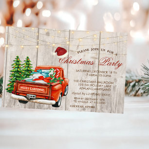 Invitación Camioneta Roja Árbol de Pino Luces Madera Fiesta d
