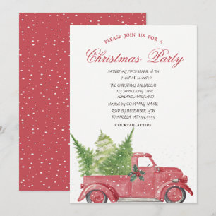 Invitación Camioneta Roja Árbol de Pino Nieve Fiesta de Navid