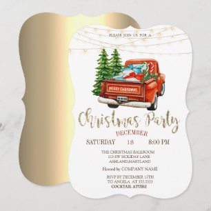Invitación Camioneta Roja Árboles de Pino, Luces Fiesta de Na