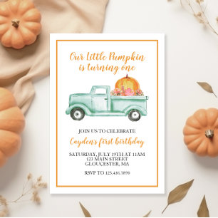 Invitación Camioneta verde Little Pumpkin y cuadros 1er cumpl